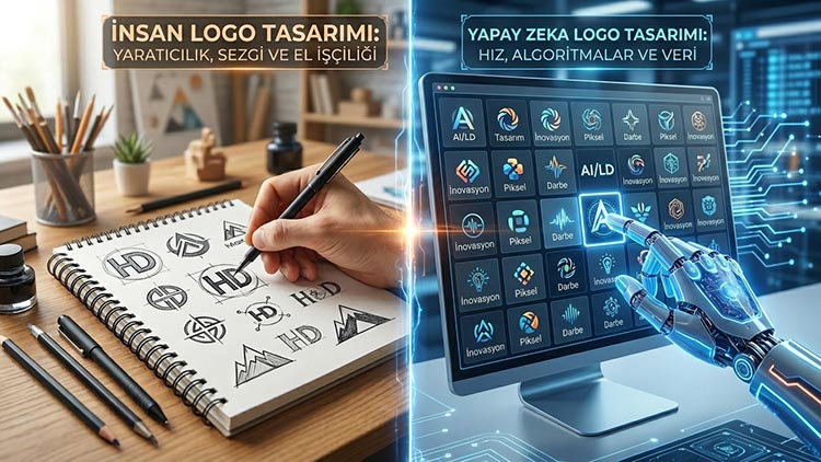 Yapay zeka ile logo tasarımı karşılaştırması: yapay zeka logosu ve profesyonel tasarımcı logosu yan yana