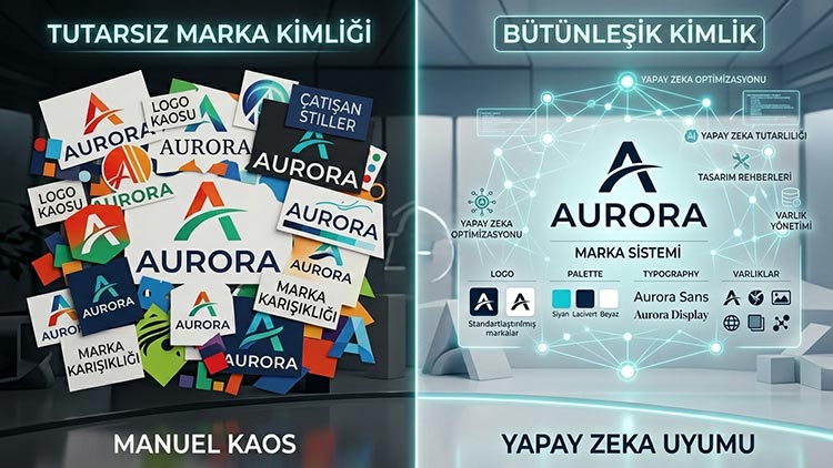 Tutarlı marka görsel dili örneği: aynı renk paleti, aynı logo konumu, aynı görsel stil ile üretilmiş birden fazla içerik yan yana